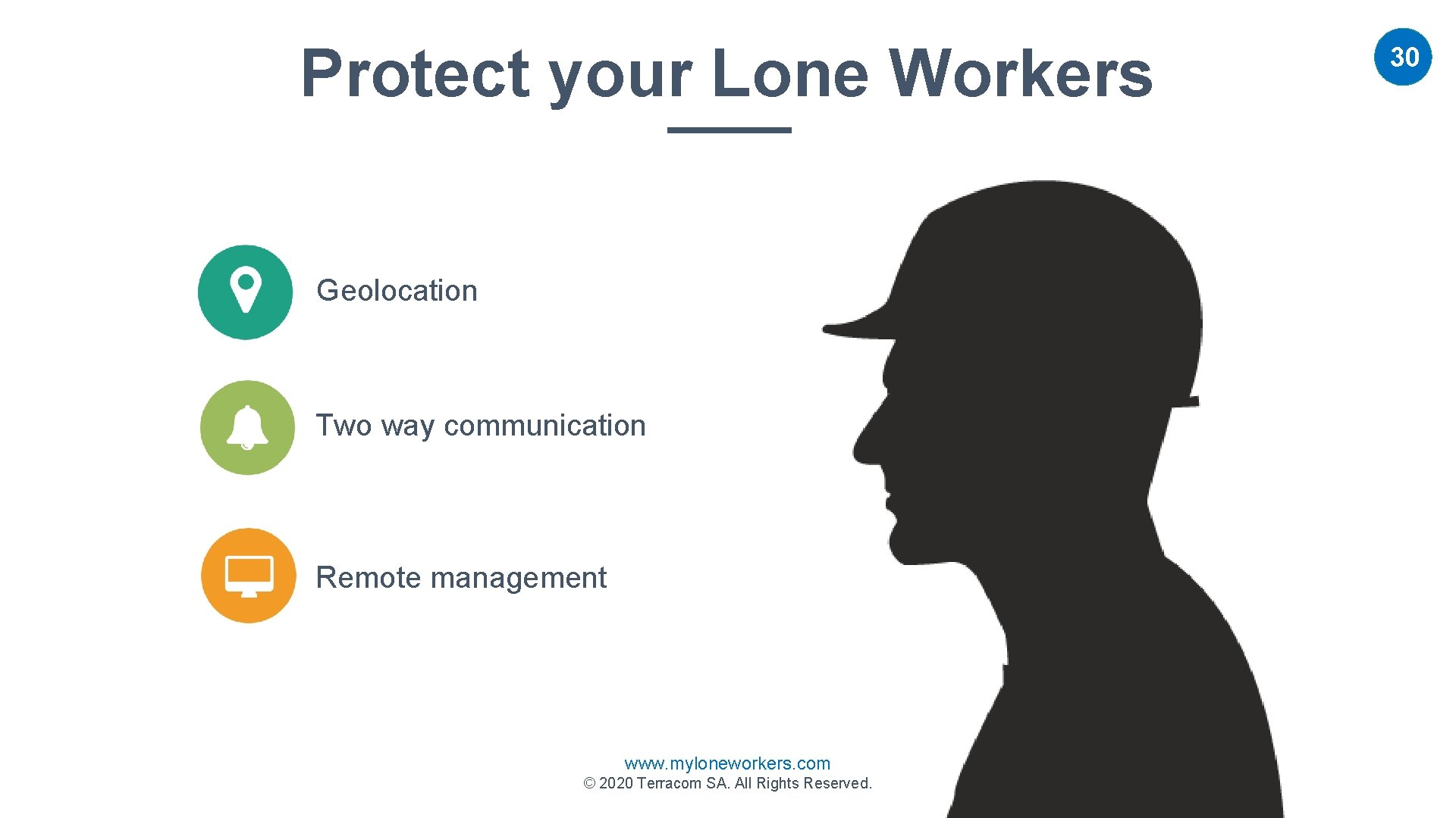 Protect your Lone Workers Geolocation Two way communication Remote management www. myloneworkers. com ©