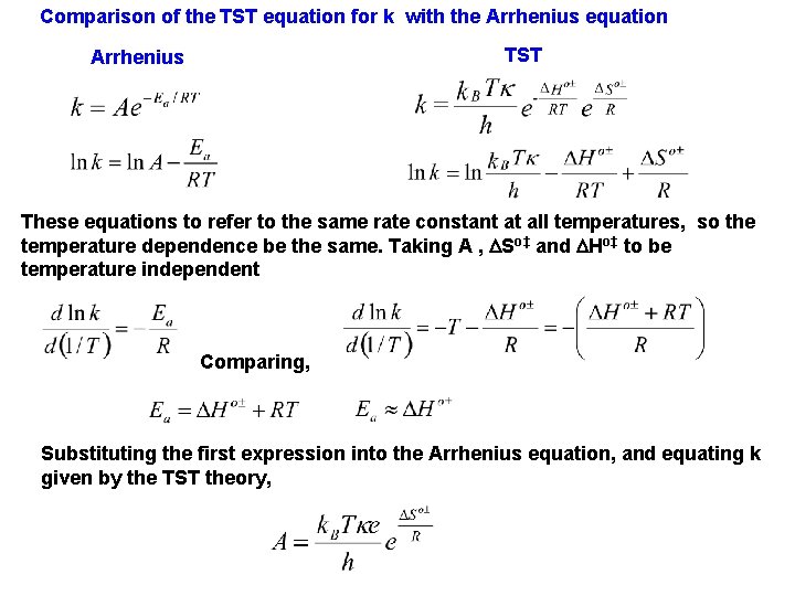 Comparison of the TST equation for k with the Arrhenius equation TST Arrhenius These