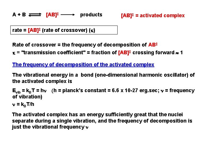 A+B [AB]‡ products [AB]‡ = activated complex rate = [AB]‡ (rate of crossover) (