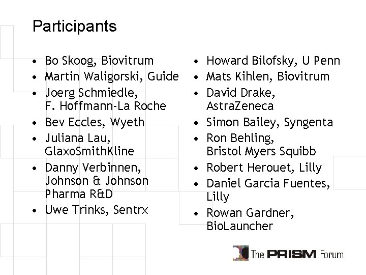 Participants • Bo Skoog, Biovitrum • Martin Waligorski, Guide • Joerg Schmiedle, F. Hoffmann-La