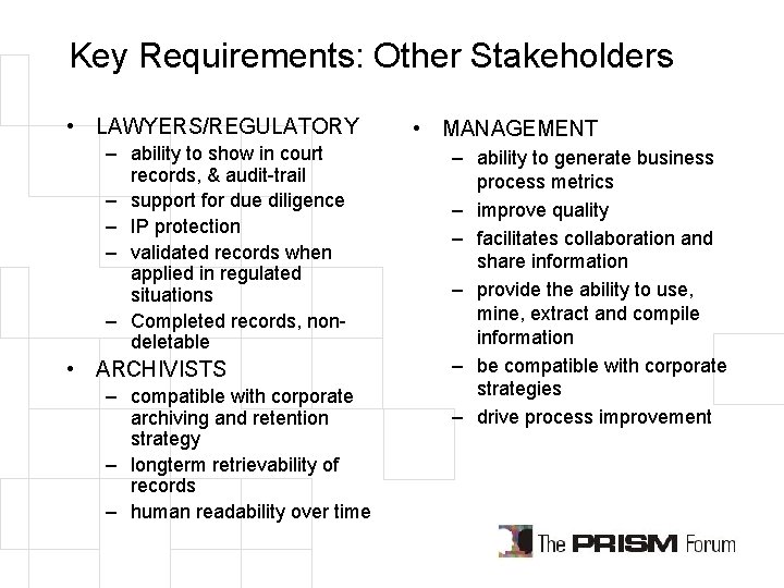 Key Requirements: Other Stakeholders • LAWYERS/REGULATORY – ability to show in court records, &