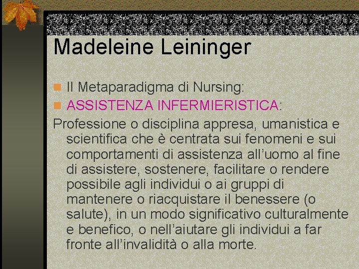 Madeleine Leininger n Il Metaparadigma di Nursing: n ASSISTENZA INFERMIERISTICA: Professione o disciplina appresa,