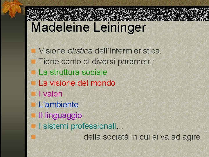 Madeleine Leininger n Visione olistica dell’Infermieristica. n Tiene conto di diversi parametri: n La
