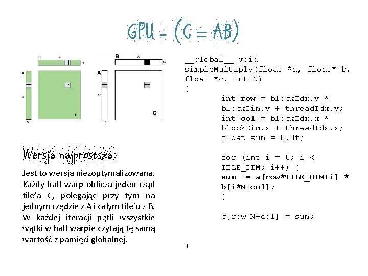 GPU - (C = AB) Wersja najprostsza: Jest to wersja niezoptymalizowana. Każdy half warp