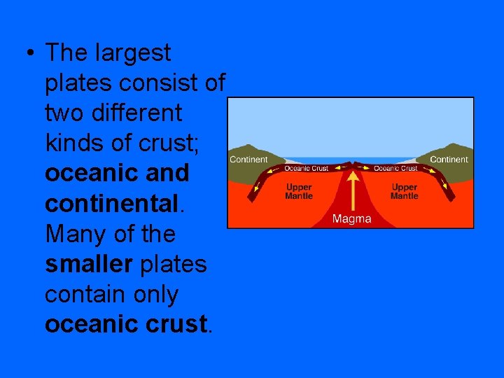  • The largest plates consist of two different kinds of crust; oceanic and