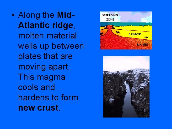  • Along the Mid. Atlantic ridge, molten material wells up between plates that
