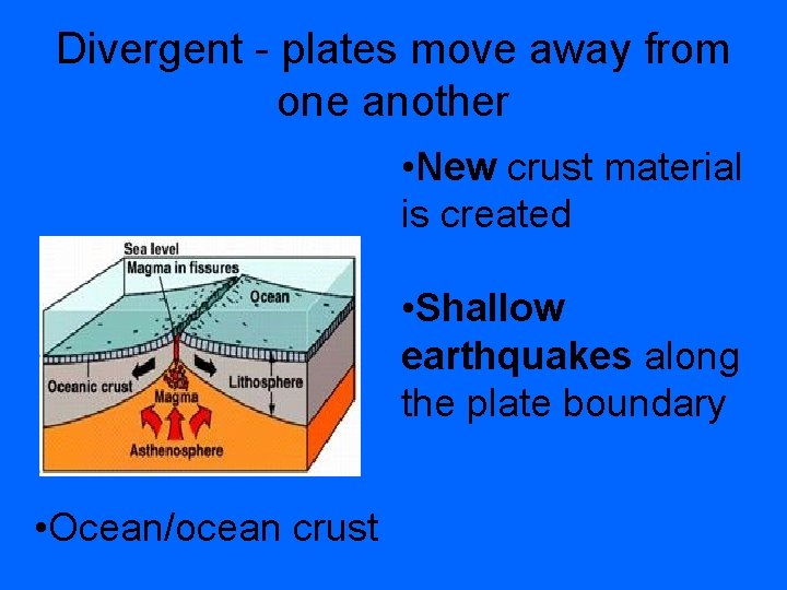 Divergent - plates move away from one another • New crust material is created