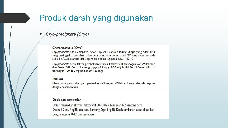 Produk darah yang digunakan Cryo-precipitate (Cryo) 