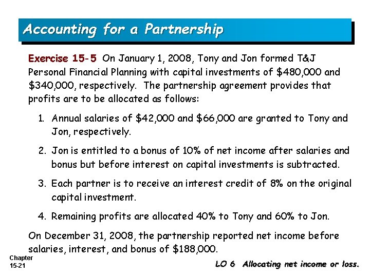 Accounting for a Partnership Exercise 15 -5 On January 1, 2008, Tony and Jon