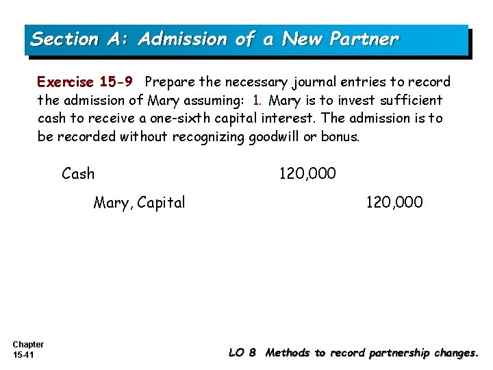 Section A: Admission of a New Partner Exercise 15 -9 Prepare the necessary journal