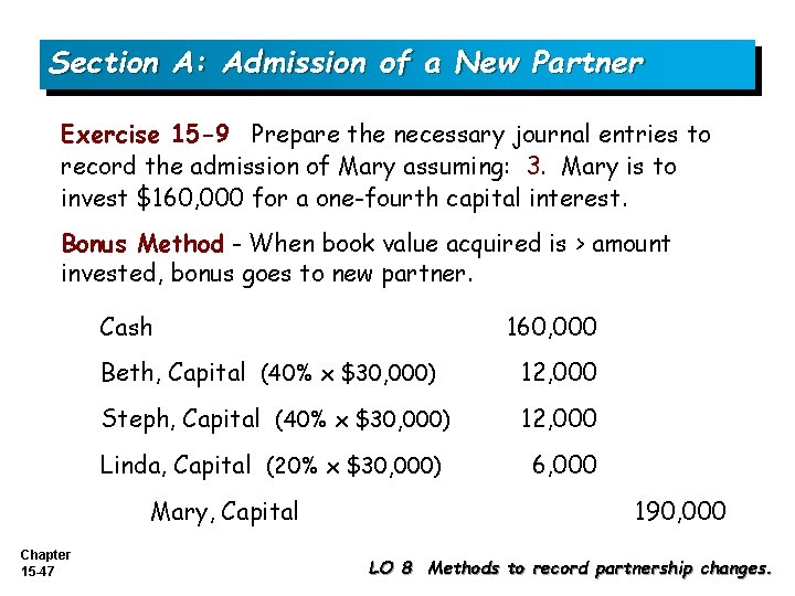 Section A: Admission of a New Partner Exercise 15 -9 Prepare the necessary journal