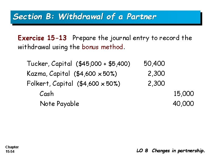 Section B: Withdrawal of a Partner Exercise 15 -13 Prepare the journal entry to