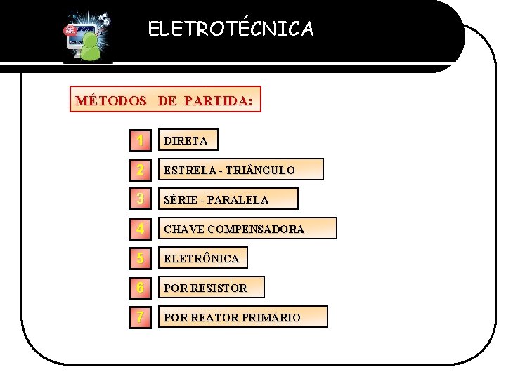 ELETROTÉCNICA Professor Etevaldo Costa MÉTODOS DE PARTIDA: 1 DIRETA 2 ESTRELA - TRI NGULO