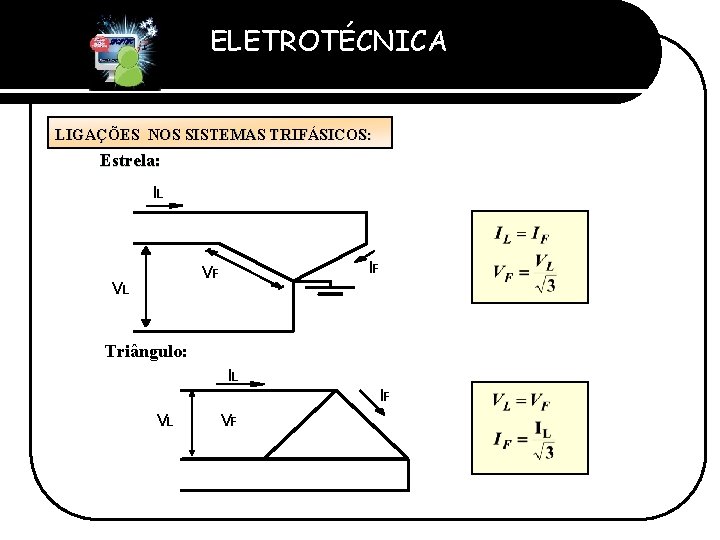 ELETROTÉCNICA Professor Etevaldo Costa LIGAÇÕES NOS SISTEMAS TRIFÁSICOS: Estrela: IL IF VF VL Triângulo: