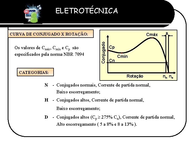 ELETROTÉCNICA Professor Etevaldo Costa CURVA DE CONJUGADO X ROTAÇÃO: CATEGORIAS: Conjugado Os valores de