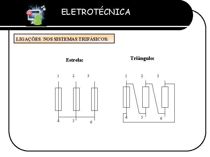 ELETROTÉCNICA Professor Etevaldo Costa LIGAÇÕES NOS SISTEMAS TRIFÁSICOS: Triângulo: Estrela: 1 2 4 5