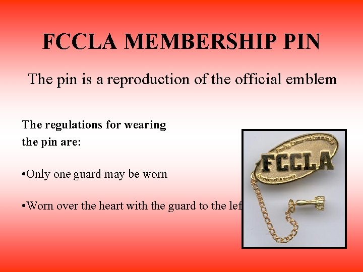 FCCLA MEMBERSHIP PIN The pin is a reproduction of the official emblem The regulations