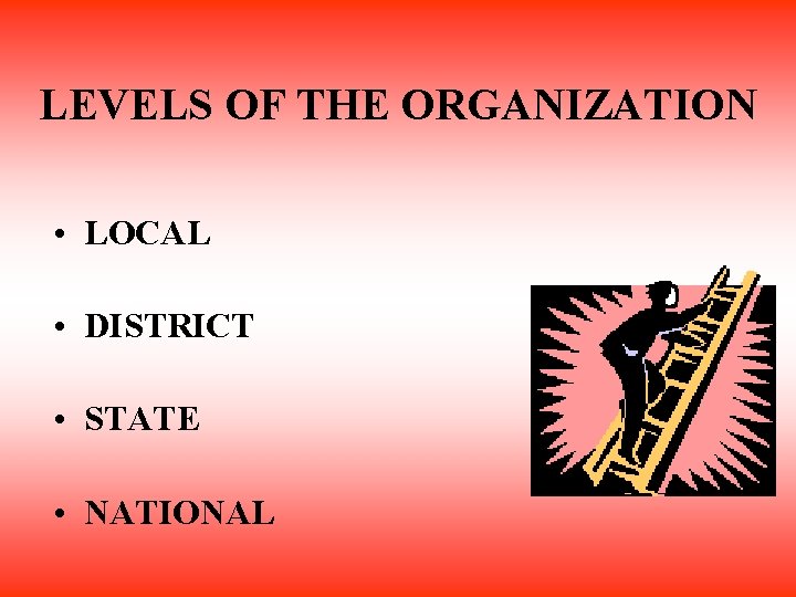 LEVELS OF THE ORGANIZATION • LOCAL • DISTRICT • STATE • NATIONAL 