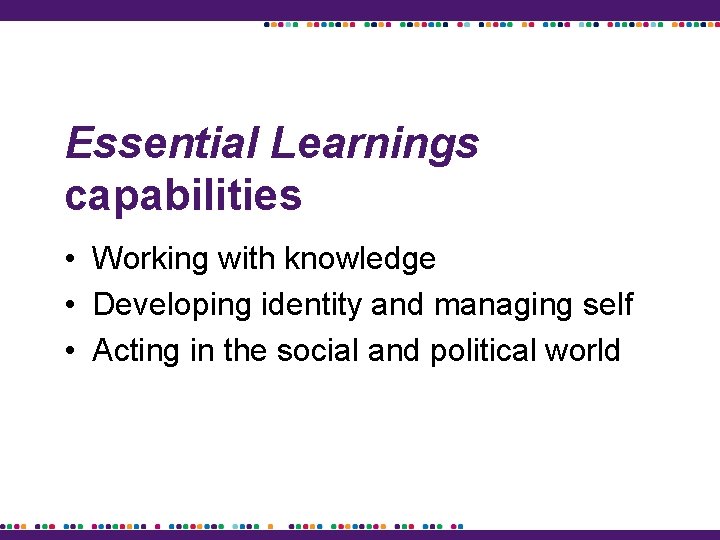 Essential Learnings capabilities • Working with knowledge • Developing identity and managing self •