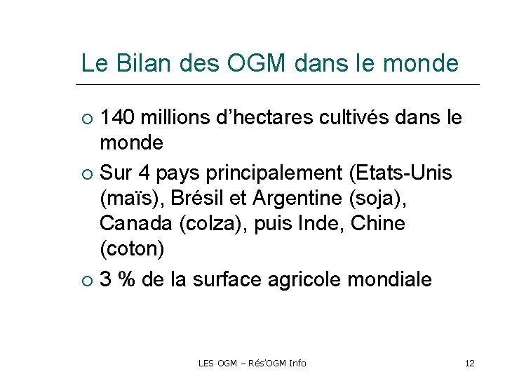 Le Bilan des OGM dans le monde 140 millions d’hectares cultivés dans le monde