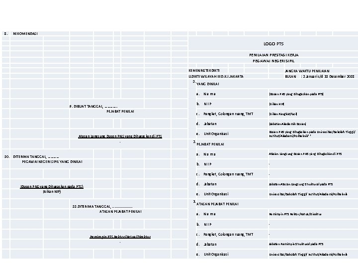 8. REKOMENDASI 9. DIBUAT TANGGAL, …………. . PEJABAT PENILAI LOGO PTS PENILAIAN PRESTASI KERJA