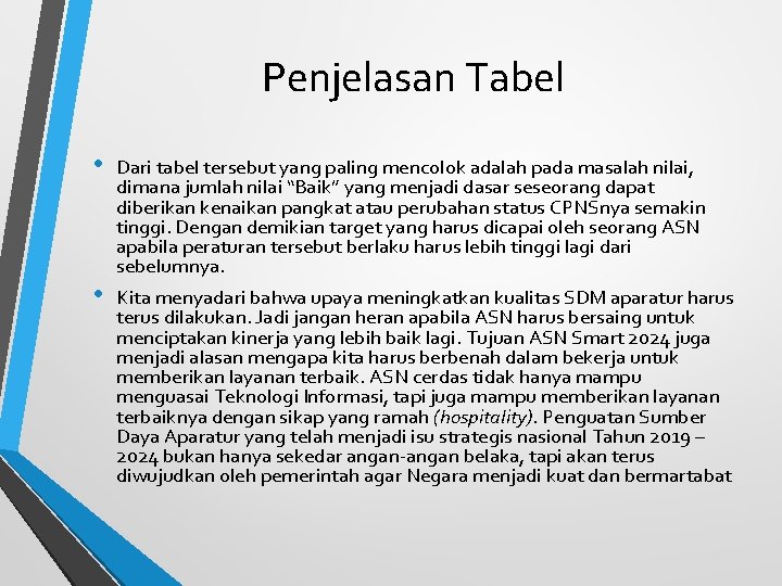 Penjelasan Tabel • • Dari tabel tersebut yang paling mencolok adalah pada masalah nilai,