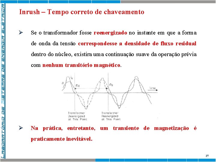 Inrush – Tempo correto de chaveamento Ø Se o transformador fosse reenergizado no instante