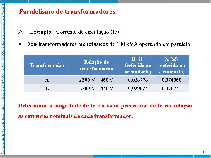 Paralelismo de transformadores Ø Exemplo - Corrente de circulação (Ic): § Dois transformadores monofásicos