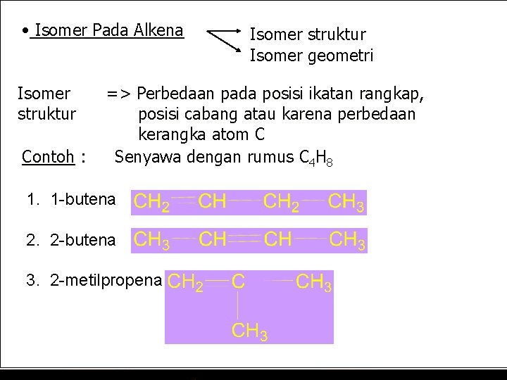  • Isomer Pada Alkena Isomer struktur Contoh : Isomer struktur Isomer geometri =>