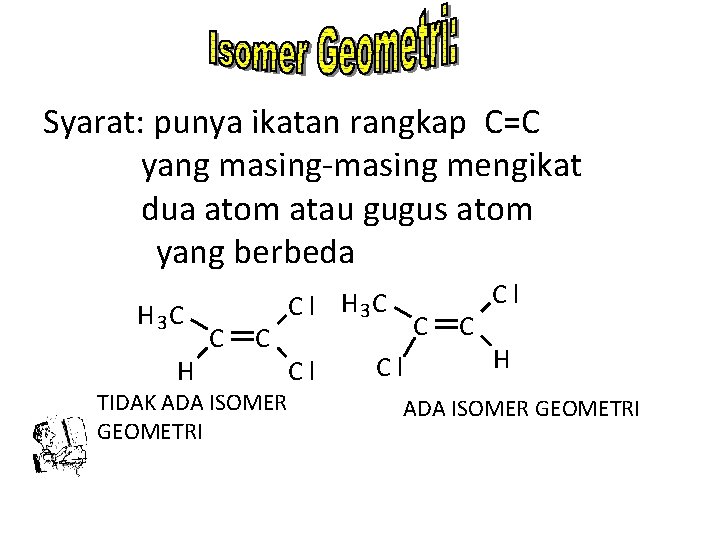 Syarat: punya ikatan rangkap C=C yang masing-masing mengikat dua atom atau gugus atom yang