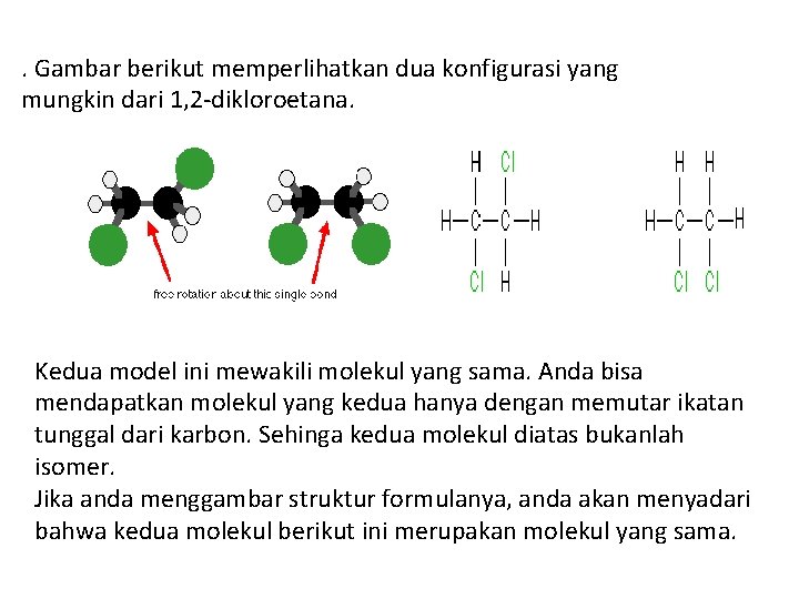 . Gambar berikut memperlihatkan dua konfigurasi yang mungkin dari 1, 2 -dikloroetana. Kedua model