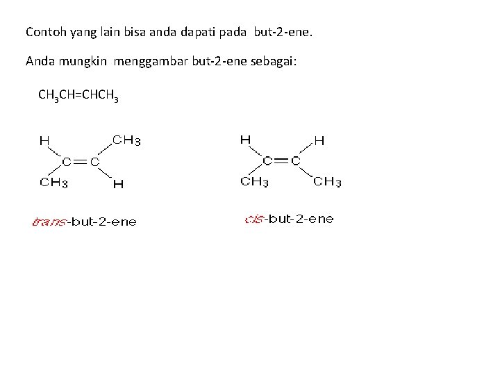 Contoh yang lain bisa anda dapati pada but-2 -ene. Anda mungkin menggambar but-2 -ene