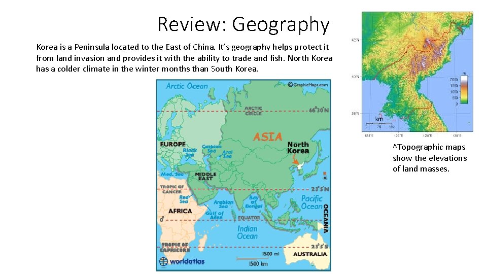 Review: Geography Korea is a Peninsula located to the East of China. It’s geography