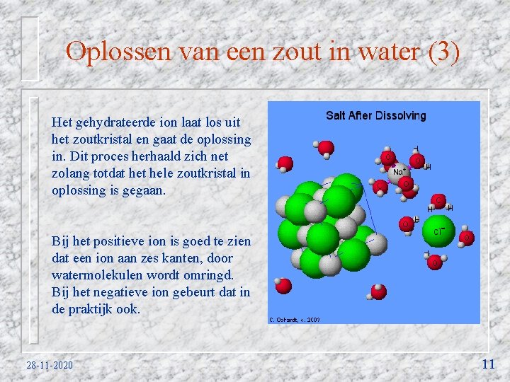 Oplossen van een zout in water (3) Het gehydrateerde ion laat los uit het