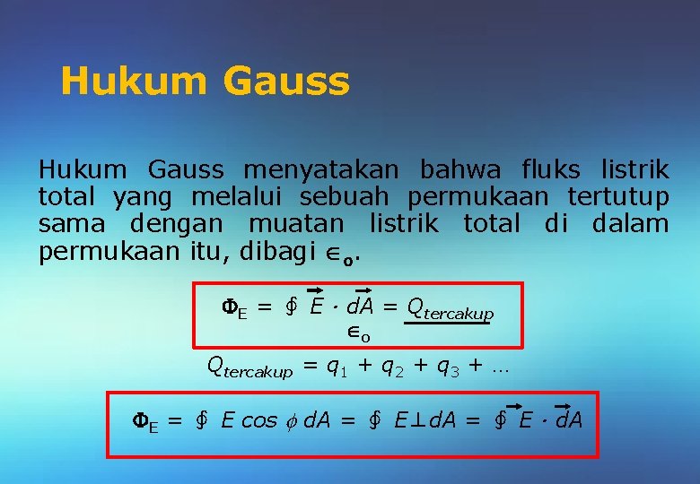 Hukum Gauss menyatakan bahwa fluks listrik total yang melalui sebuah permukaan tertutup sama dengan