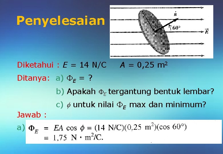 Penyelesaian Diketahui : E = 14 N/C A = 0, 25 m 2 Ditanya: