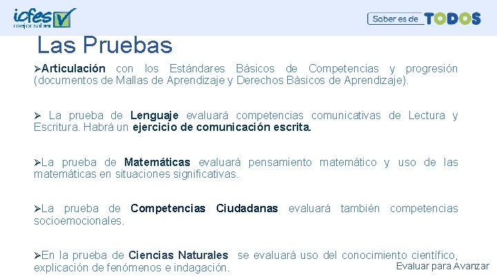 Las Pruebas ØArticulación con los Estándares Básicos de Competencias y progresión (documentos de Mallas