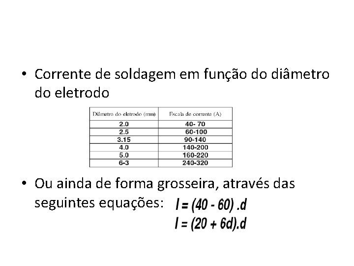  • Corrente de soldagem em função do diâmetro do eletrodo • Ou ainda