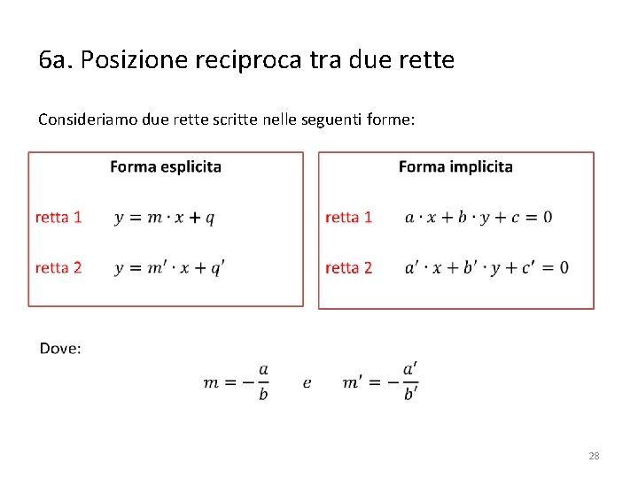 6 a. Posizione reciproca tra due rette Consideriamo due rette scritte nelle seguenti forme: