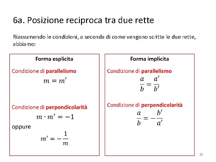 6 a. Posizione reciproca tra due rette Riassumendo le condizioni, a seconda di come