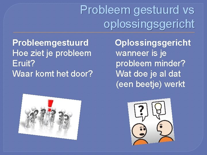 Probleem gestuurd vs oplossingsgericht Probleemgestuurd Hoe ziet je probleem Eruit? Waar komt het door?