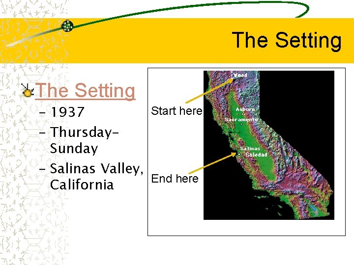 The Setting Start here – 1937 – Thursday. Sunday – Salinas Valley, End here
