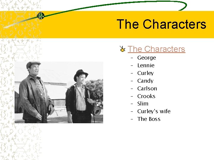 The Characters – – – – – George Lennie Curley Candy Carlson Crooks Slim