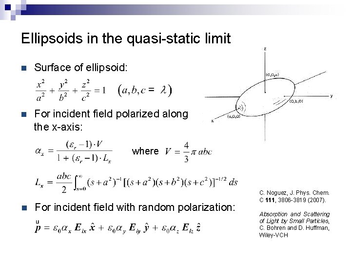 Ellipsoids in the quasi-static limit n Surface of ellipsoid: n For incident field polarized