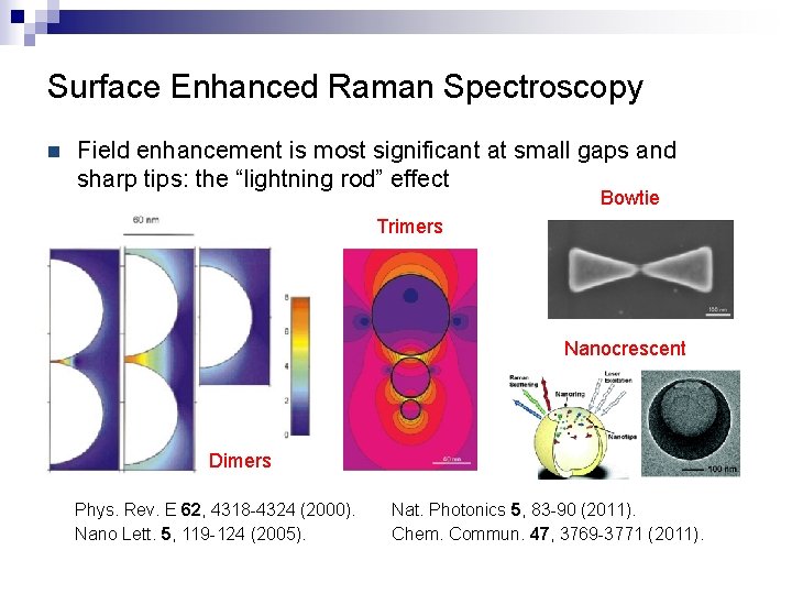 Surface Enhanced Raman Spectroscopy n Field enhancement is most significant at small gaps and