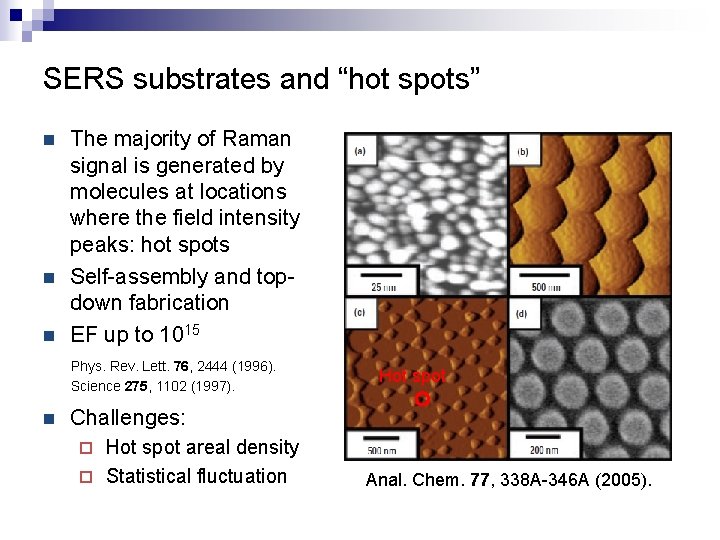 SERS substrates and “hot spots” n n n The majority of Raman signal is
