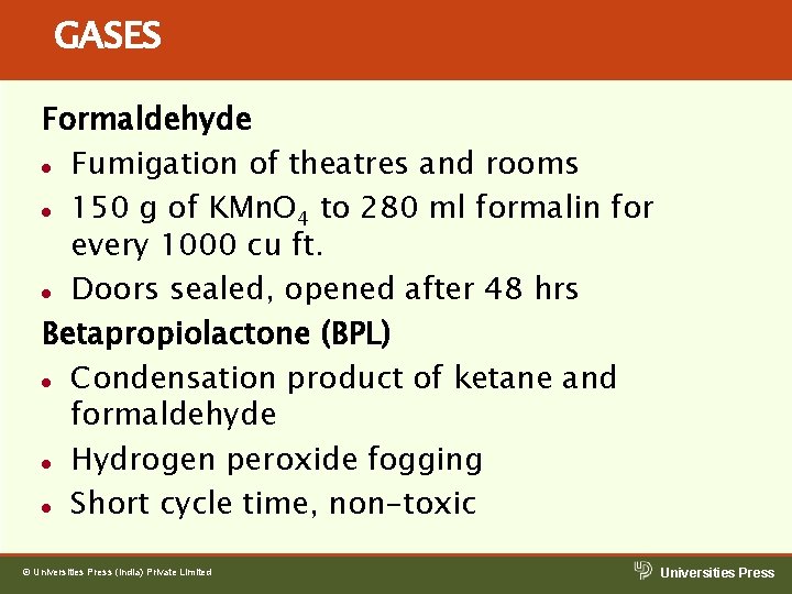 GASES Formaldehyde l Fumigation of theatres and rooms l 150 g of KMn. O GASES Formaldehyde l Fumigation of theatres and rooms l 150 g of KMn. O