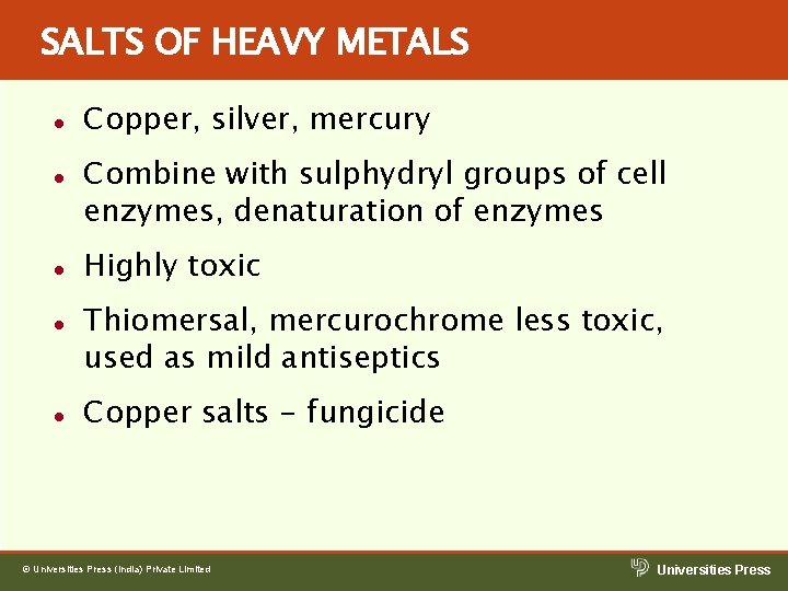 SALTS OF HEAVY METALS l l l Copper, silver, mercury Combine with sulphydryl groups SALTS OF HEAVY METALS l l l Copper, silver, mercury Combine with sulphydryl groups