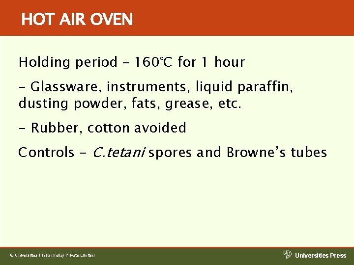 HOT AIR OVEN Holding period – 160°C for 1 hour - Glassware, instruments, liquid HOT AIR OVEN Holding period – 160°C for 1 hour - Glassware, instruments, liquid