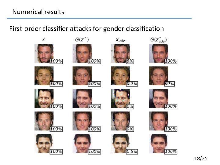 Numerical results First-order classifier attacks for gender classification 18/25 